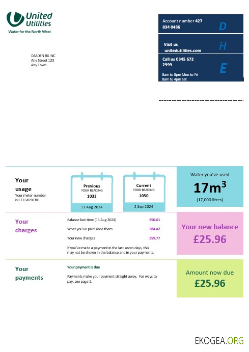 Modèle Word et PDF de facture de services publics des services publics du Royaume-Uni template